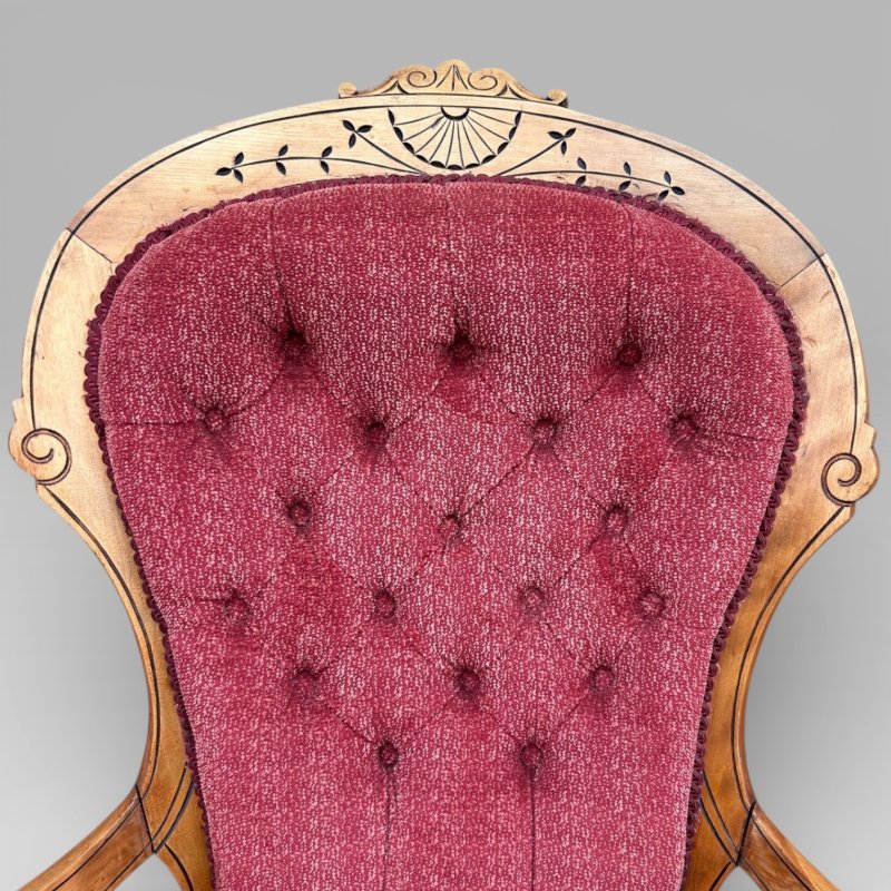 Antique Victorian Satin Burch Red Button Back Armchair with Turned Legs - Image 10